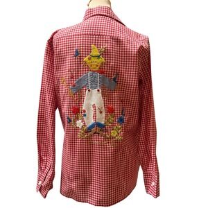 Hand Embroidered Red Gingham Scarecrow M Shirt Novelty Helen Cerda VTG Harvest
